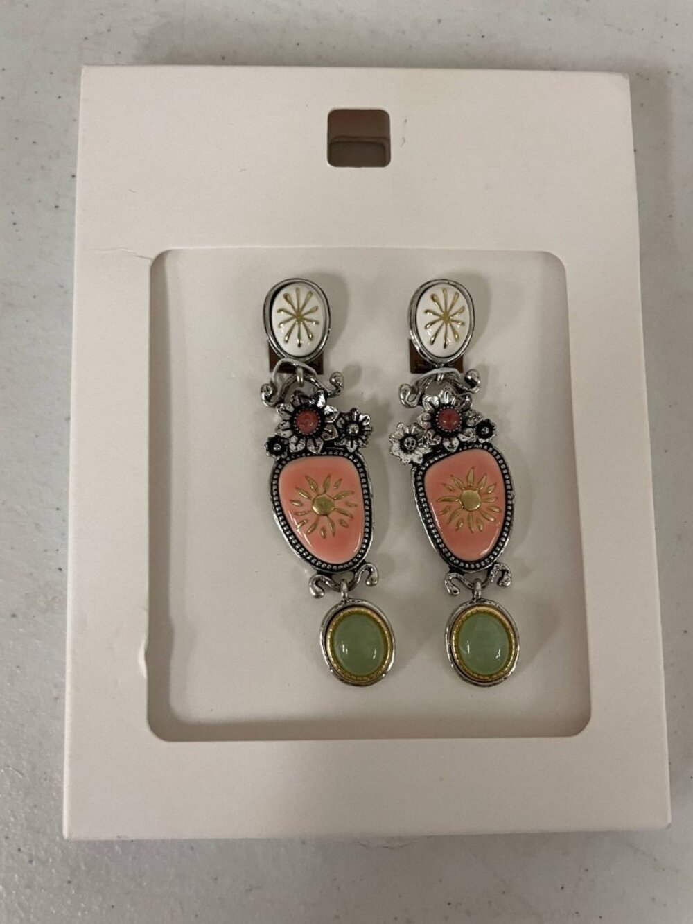 Zara Floral Dangle Earrings Pink Green Enamel Sunburst Silver Tone Boho NWT